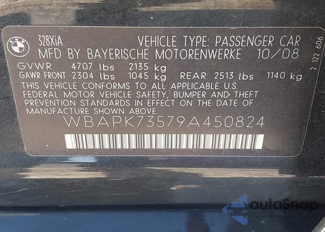 2009 BMW 328I xDrive из США, поврежденный, VIN WBAPK73579A450824